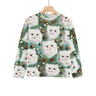 2025 European and American Cross-Border Plus Size Women's Autumn and Winter New Round Neck Pullover Long-Sleeved Cute Cat Digital Printed Sweater