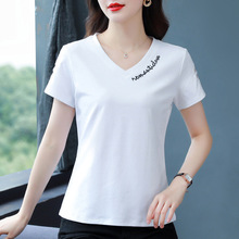 白色v领短袖t恤女装2025年新款夏季女装修身半袖上衣中年短款体恤