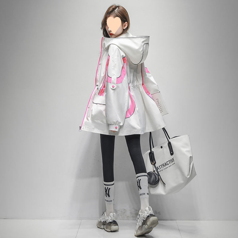 时尚撞色冲锋衣外套女2025春秋季新款收腰显瘦中长款休闲连帽风衣|undefined