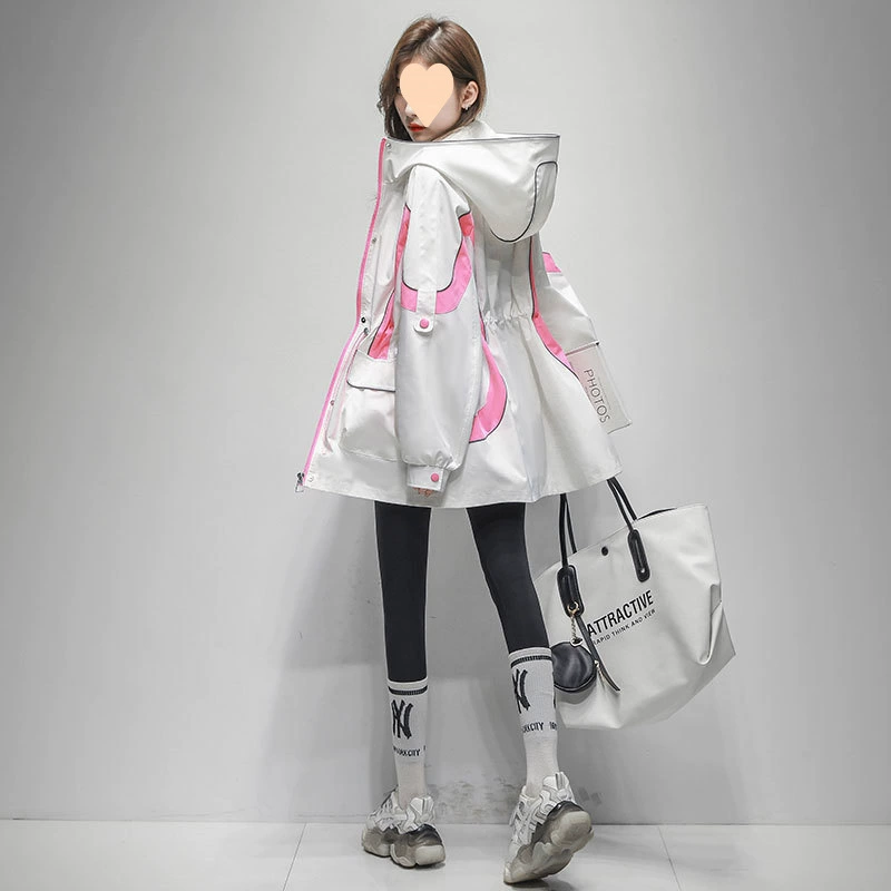 Женская куртка с цветными блоками, мода 2025, весна-осень, новая, утягивающая талию, средней длины, повседневная, с капюшоном, тренч