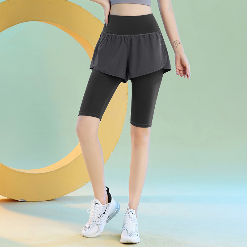 Summer Quick-drying Fake Two-piece Anti-walking Sports Shorts Running Marathon High Waist Fitness Yoga Casual Pants Five Points