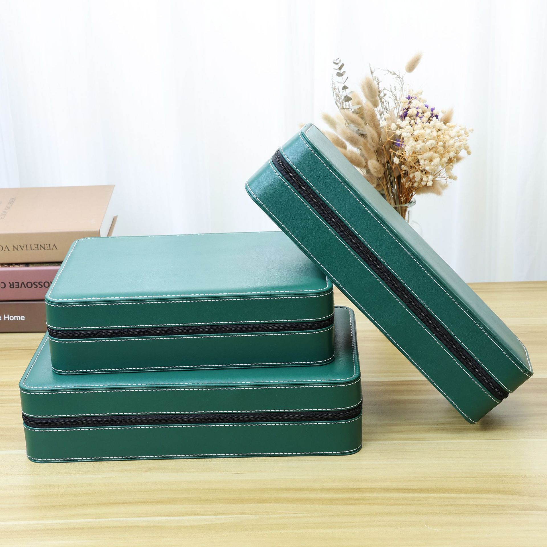 Tan Yun Zhiyuan verde PU cuero 61012 caja de reloj elegante cremallera bolsa de reloj almacenamiento exhibición embalaje reloj