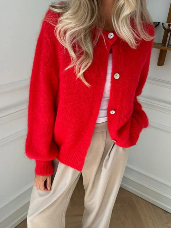 Áo cardigan len dệt kim dáng mỏng nhẹ cài nút một hàng, tay dài cổ tròn nữ — hoa hồng đỏ, màu be, màu cam, màu hoa cà chi tiết 36
