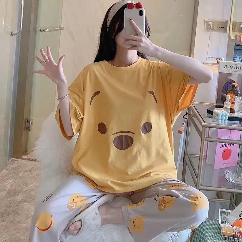 外贸春秋新款韩版卡通睡衣女短袖长裤少女士可外穿家居服套装批发