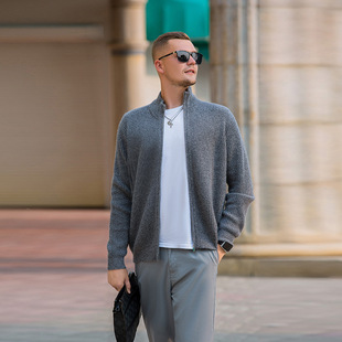 24 years autumn and winter new men's 100 cashmere half high collar knitted cardigan solid color warm loose jacket coat