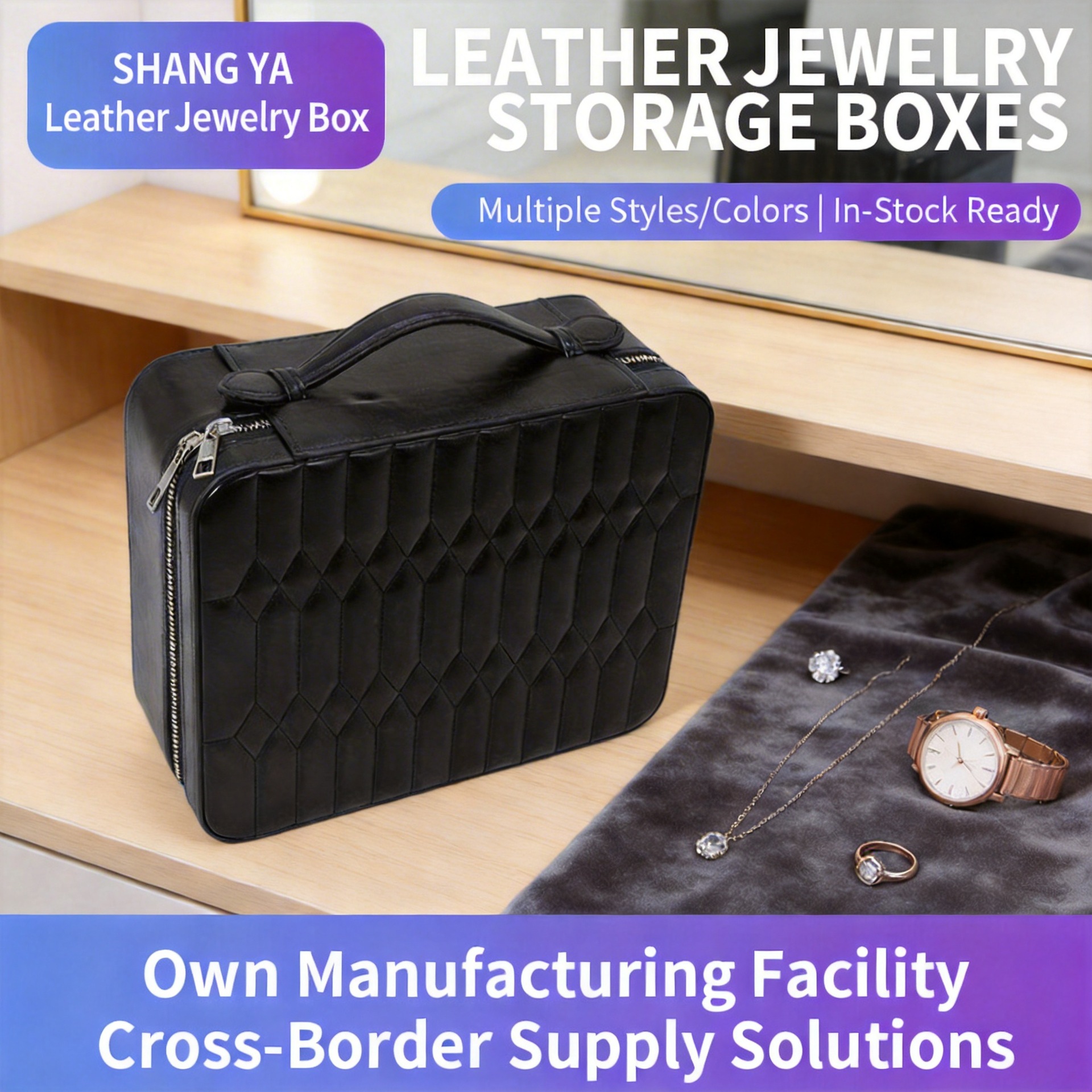 in stock Black Leather Jewelry Box Watch Storage Box Bracelet Jewelry Packaging Box PU Portable Large Capacity Jewelry Box