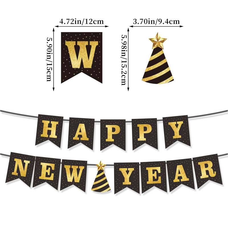2025跨境黑金新年快乐横幅跨年晚会布置烟花干杯横幅拉花批发定制|undefined
