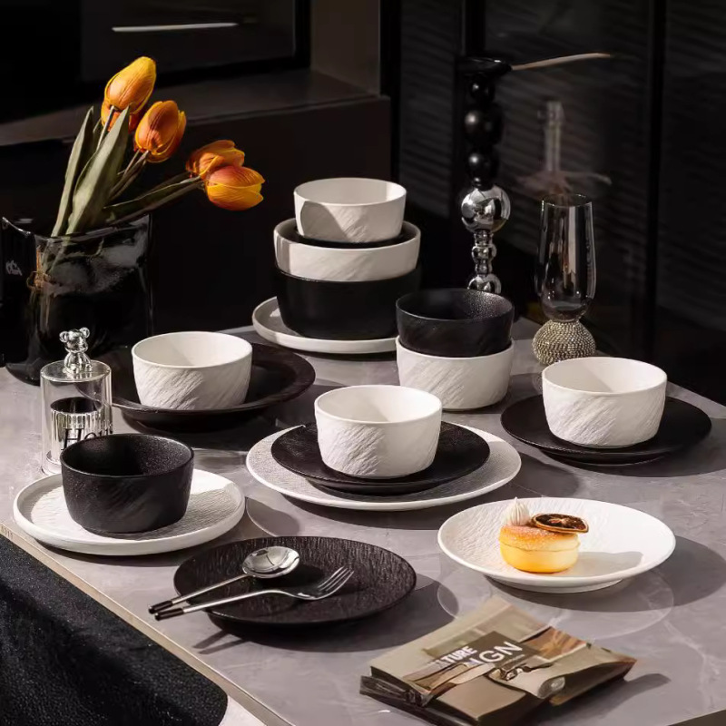 Frosted Rock Pattern Dishes suit Household Black and White Underglaze Ceramic Bowl Chopsticks Bowl 2024 New Gift Box suit
