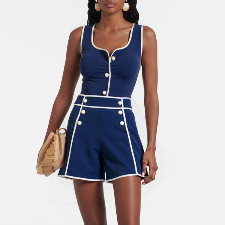 Navy Blue One-piece Swimsuit With Shorts High-cut Slimming Style_voghion.com