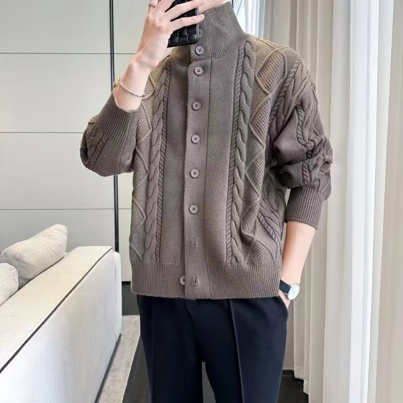Knitted Sweater Jacket For Men, Autumn And Winter Loose Cardigan Sweater, Handsome Stand Up Collar, Thread Jacket_viptrois.com