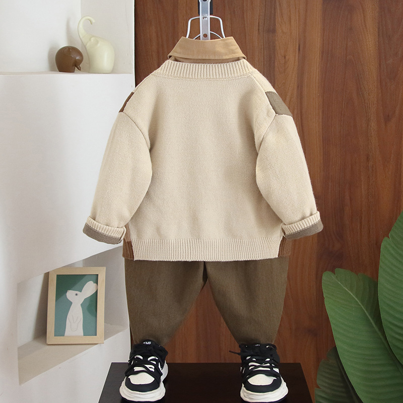 5726 Traje de otoño para niños 2025 nuevo estilo estilo occidental chaqueta de suéter para niños traje de tres piezas guapo bebé versión coreana primavera