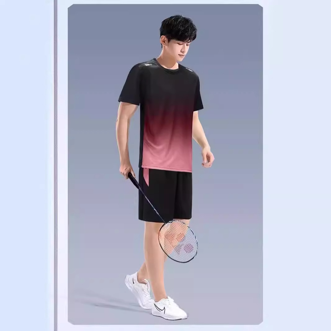 피트니스 옷 남자 아이스 실크 반팔 티셔츠 빠른 건조 여름 운동복 세트 농구 모닝 러너 반바지 훈련실