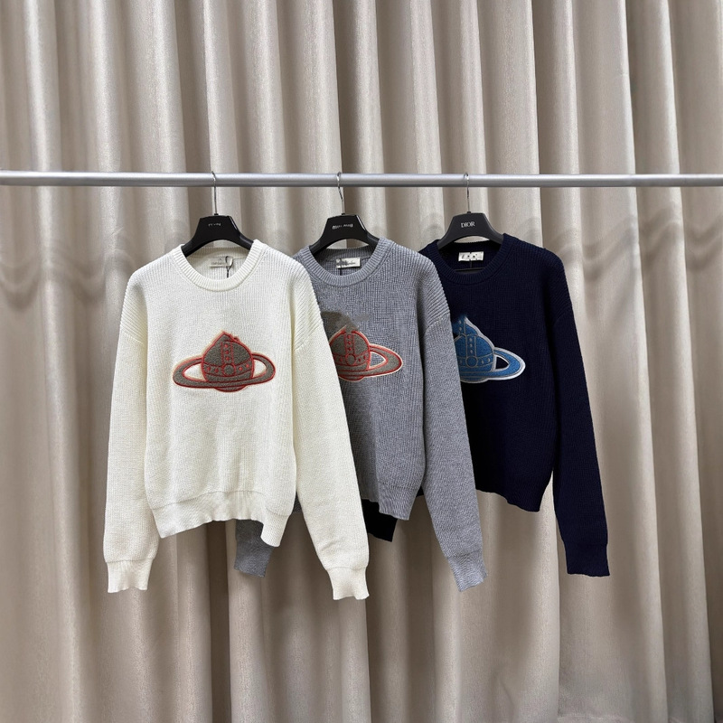 Empress of the West Same Style Earth Planet Crew Neck Pullover Sweater Women's Embroidered Striped Fashionable Autumn Winter New Sweater