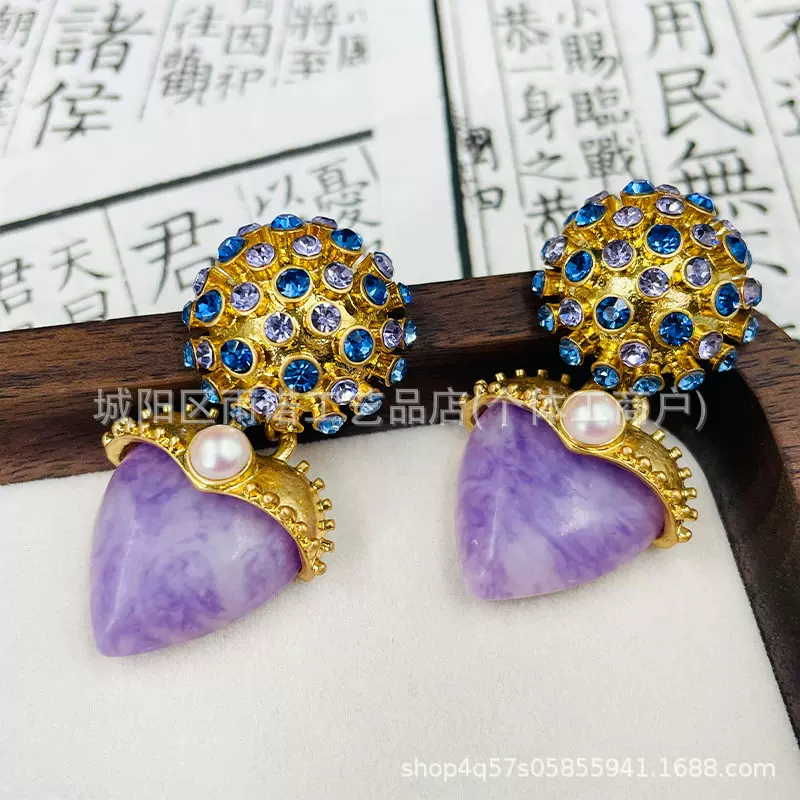 2025新款 青岛中古饰品 炫丽烟花复古耳钉 紫色合成石镶嵌耳饰女