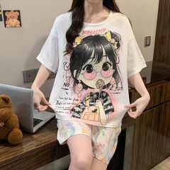 快手直播爆款睡衣女卡通云朵棉短袖短裤带胸垫舒适家居服套装