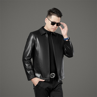 2025 Spring, Autumn and Winter Men's Leather Jacket for Young and Middle-Aged Men, Casual Sheepskin Stand Collar Leather Jacket Coat