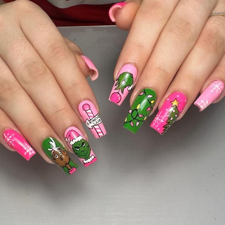 Christmas Wearable Long Nail Tube Green Furry Grinch Cartoon Elk Christmas Tree Removable Fake Nail Manicure Christmas Wearable Long Nail Tube Green Furry Grinch Cartoon Elk Christmas Tree Removable Fake Nail Manicure