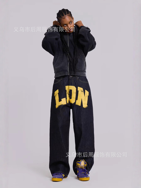美式街头jaded字母印花牛仔裤女直筒fog风格潮牌宽松牛仔长裤|undefined