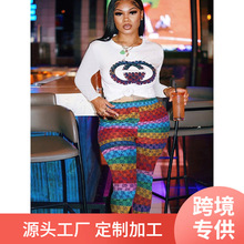 2022欧美秋冬外贸女装亚马逊跨境字母印花长袖休闲短裤套装时尚