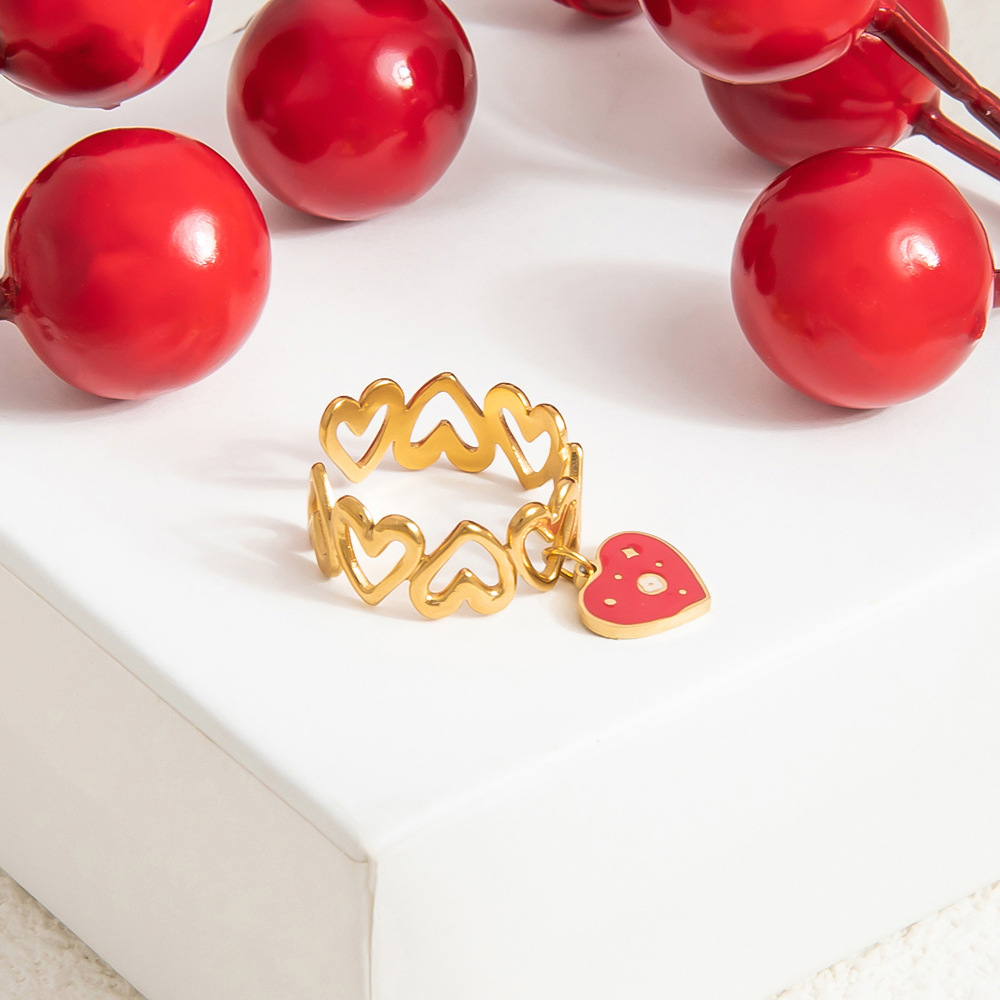 6g Weight Open Rings Classification Adjustable Ring Size 1 Piece Quantity Casual, Daily Occasion 304 Stainless Steel Material Fruit, Heart Shape Pattern Women's Gender Enamel, Plating Design Sweet, Simple Style Style Gold Color Sweet Simple Style Fruit Heart Shape 304 Stainless Steel Enamel Plating Women's Open Rings 5