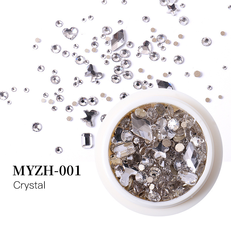 Accesorios de uñas transfronterizos mezclados al por mayor caja redonda de vidrio plano especial en forma de diamante taladro de uñas paquete de material de taladro de uñas al por mayor