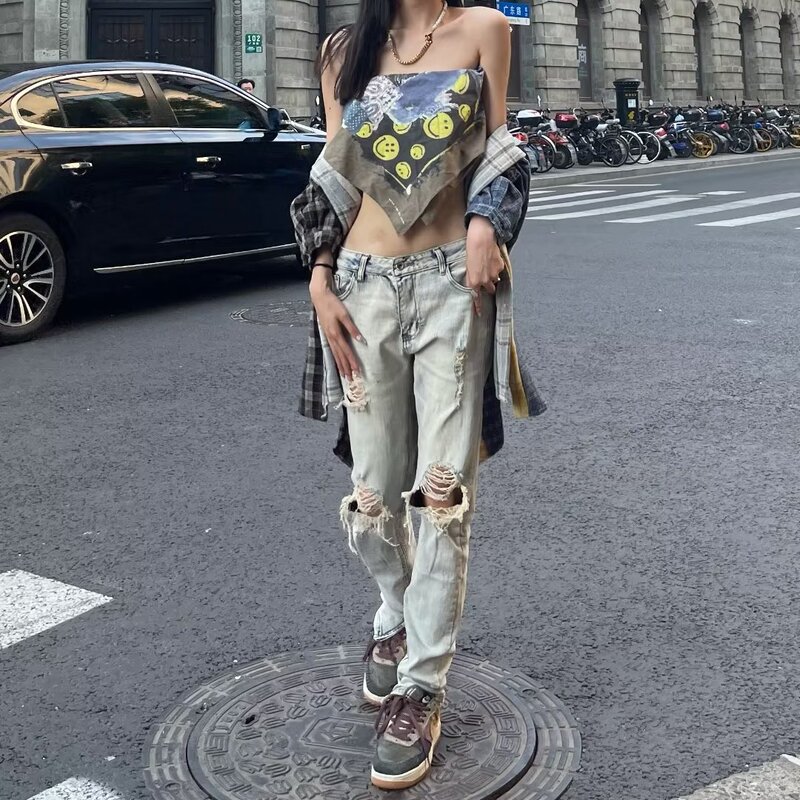 American Street Washed Knee Ripped Jeans Women's Autumn and Winter Fashion Brand High Street Vibe Slim-fit Straight Long Pants