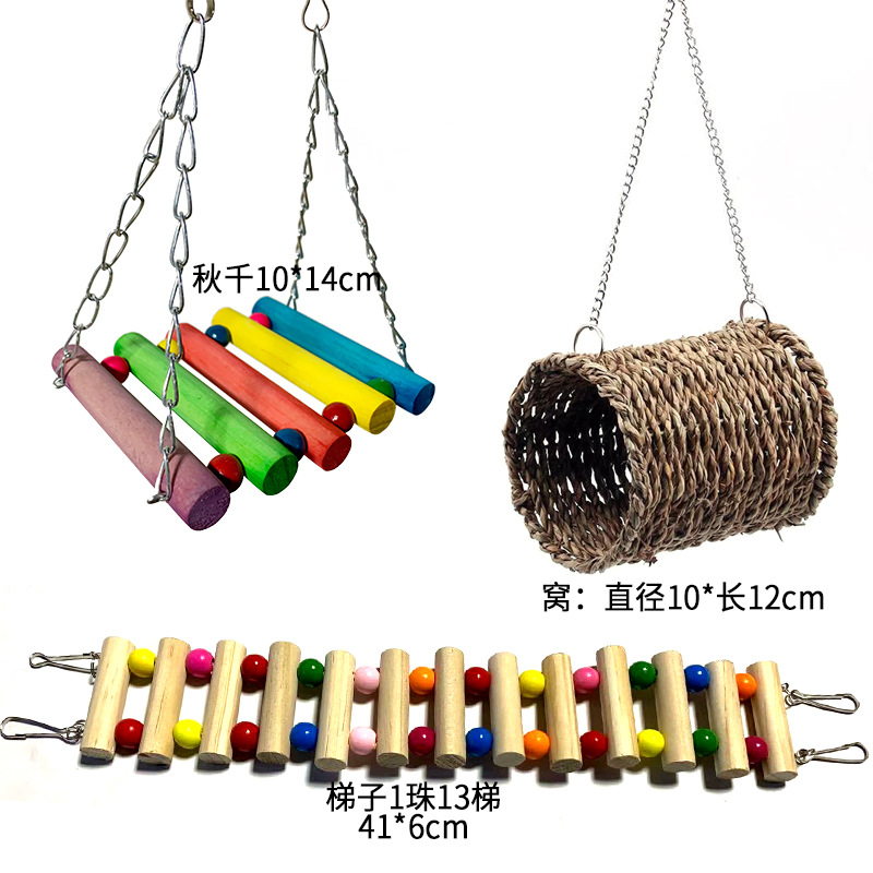 Parrot Toys Three-Piece Set Wholesale Cloud Ladder Swing Bird Climbing Standing Toy Grass Weaving Warm Parrot Nest 