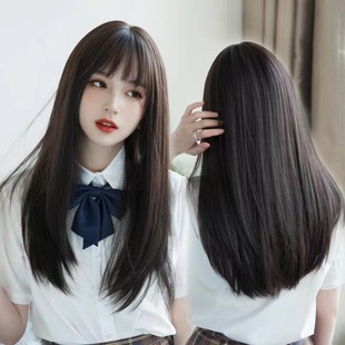 Wig Women's Medium Long Hair Clavicle Hair Air Bangs Natural Fluffy Short Hair Round Face Long Straight Hair Full Head Cover