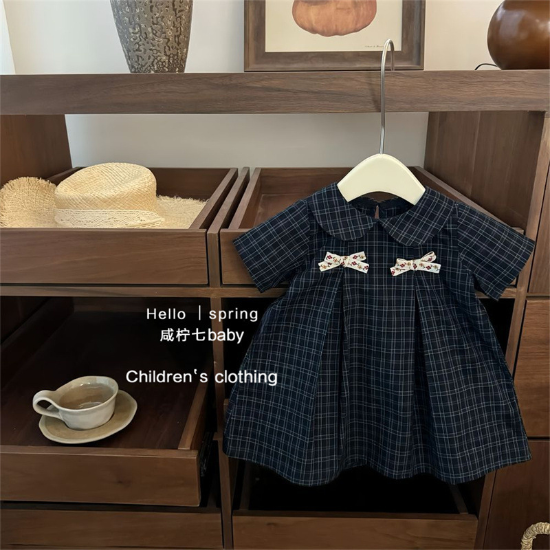 Niñas de verano nuevo vestido de estilo coreano para niños Mori muñeca cuello de arco impresa cuadrada vestido de princesa de manga corta