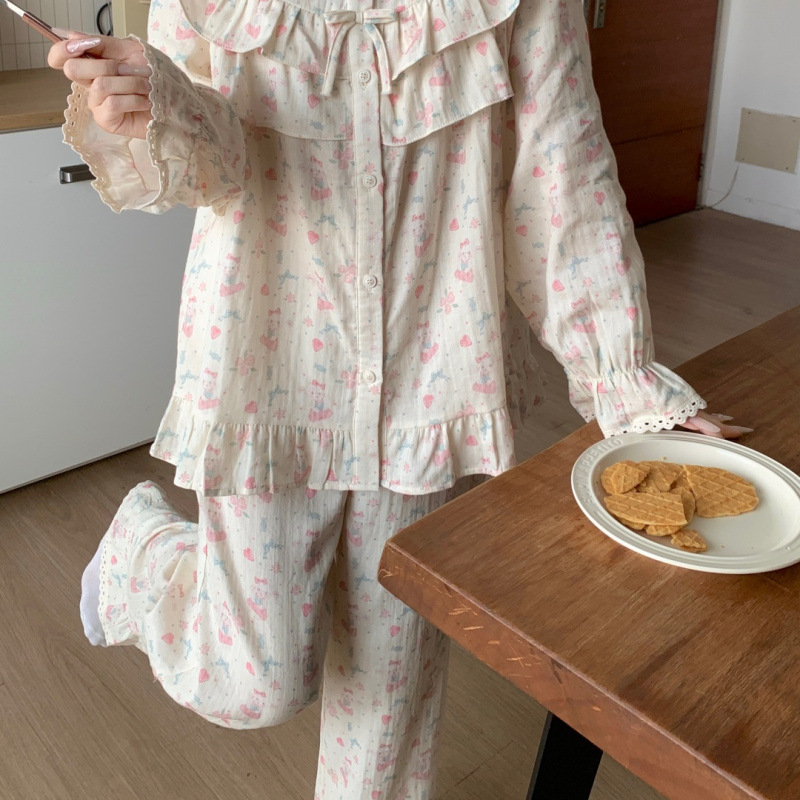 韩国ins女士春秋柔软清新纯欲蕾丝花边拼接长袖睡衣家居服套装女|undefined
