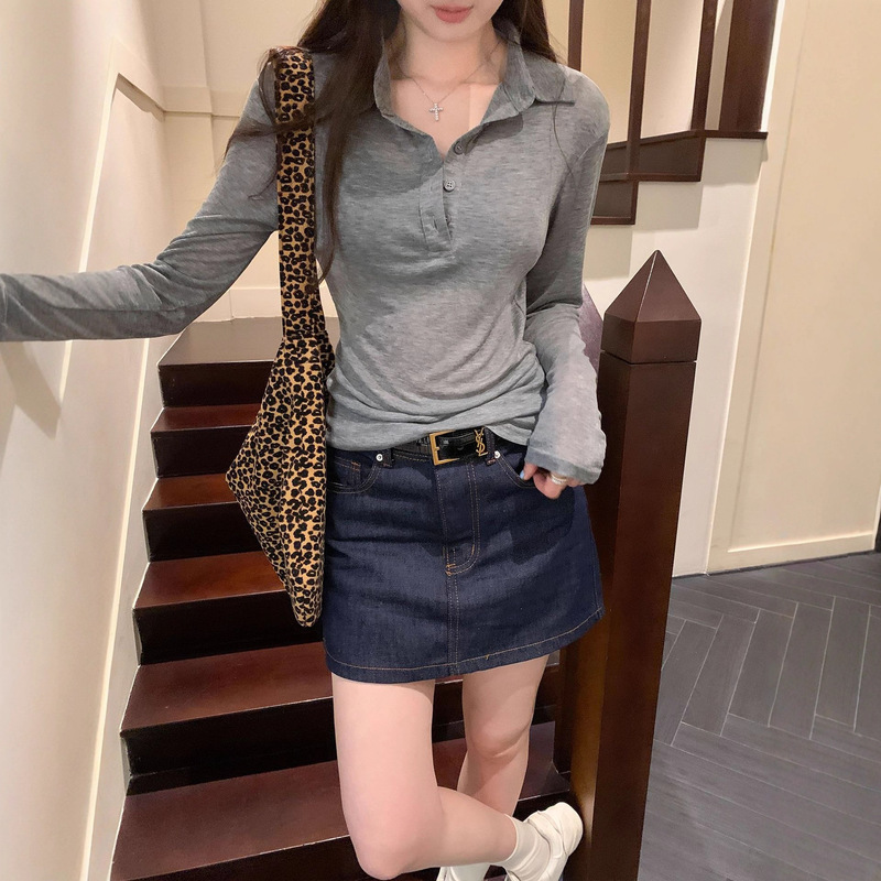 莱赛尔天丝韩系灰色POLO领薄款长袖T恤衫女2025新款超薄翻领上衣|undefined