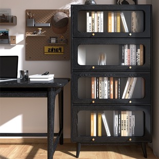 All Solid Wood Bookcase Oak Retro Black Medieval Cabinet American French Bookshelf Living Room Home Dustproof Storage Cabinet