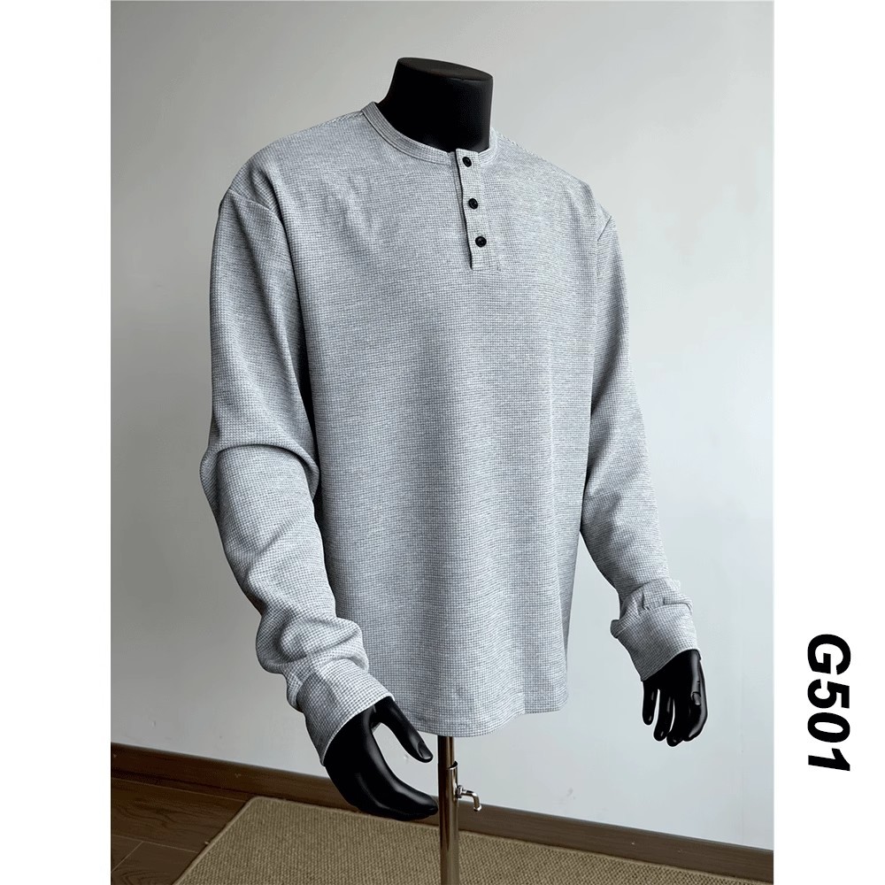 American Pure Color Henry Collar Long-Sleeved T-Shirt for Men in Spring, Autumn and Winter New Loose Heavyweight Waffle Pullover Top Trendy