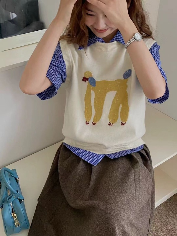 秋季慵懒风减龄小狗印花针织女士马甲宽松坎肩叠穿无袖背心ZEZ|undefined