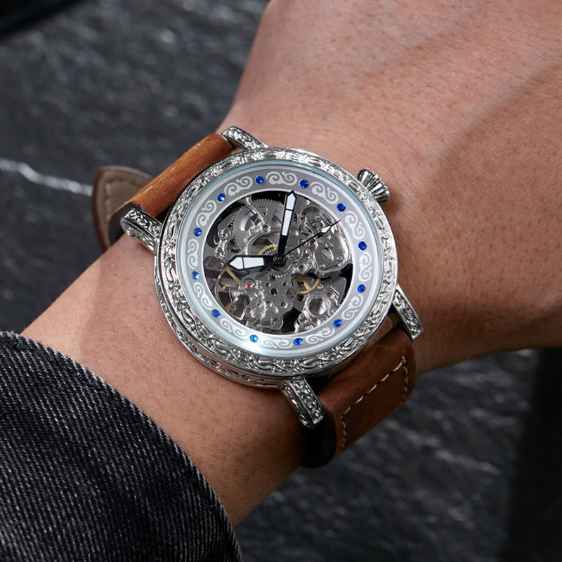Men's Casual Watch Two Way Movement Leather Strap Stainless Steel Automatic Mechanical New Style_voghion.com
