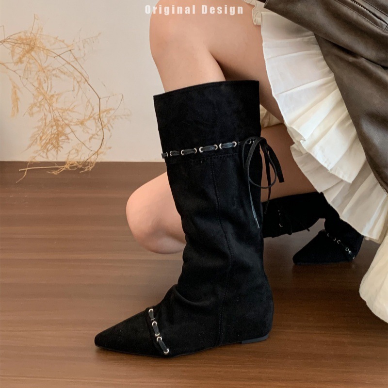 "废土辣妹"内增高西部牛仔靴女秋冬堆堆长筒靴系带显瘦不过膝长靴|undefined