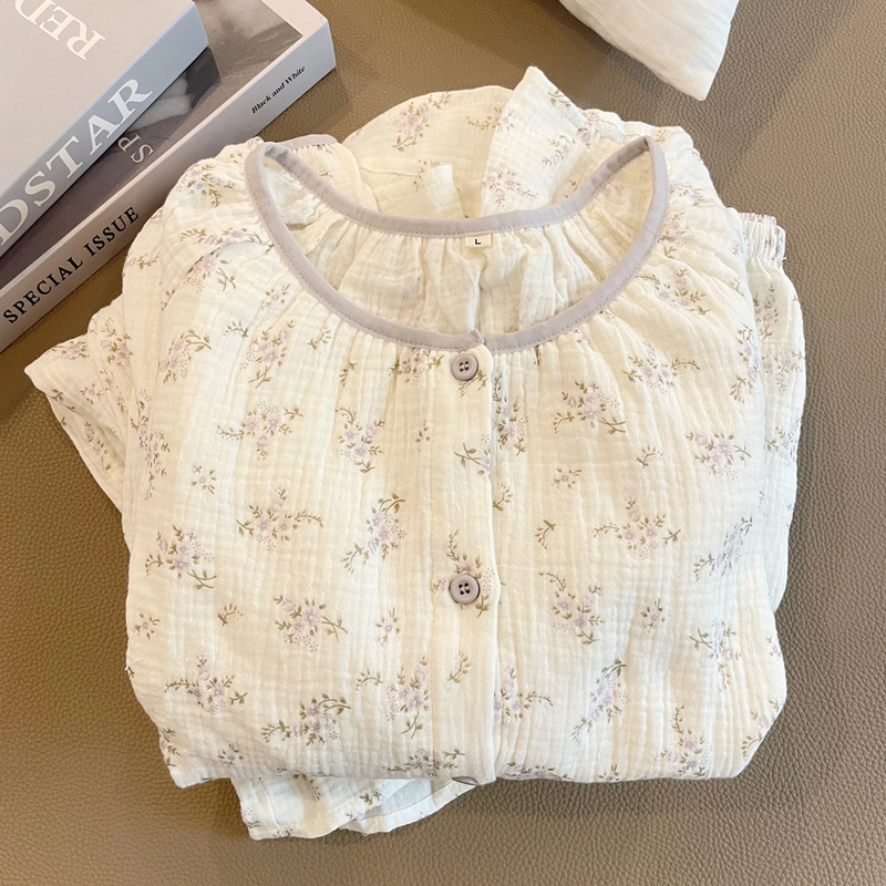 双层纯棉纱布睡衣女春秋季新款长袖日系甜美碎花全棉家居服夏|undefined