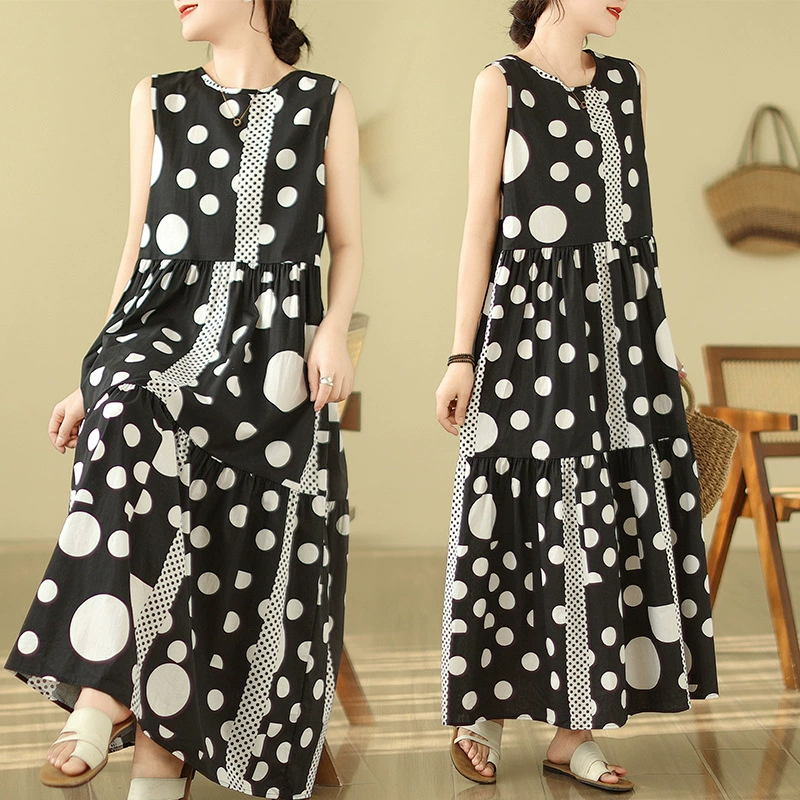 Женская одежда больших размеров, лето 2025, новая модель, простое длинное платье-жилет без рукавов для полных женщин, 91645 #