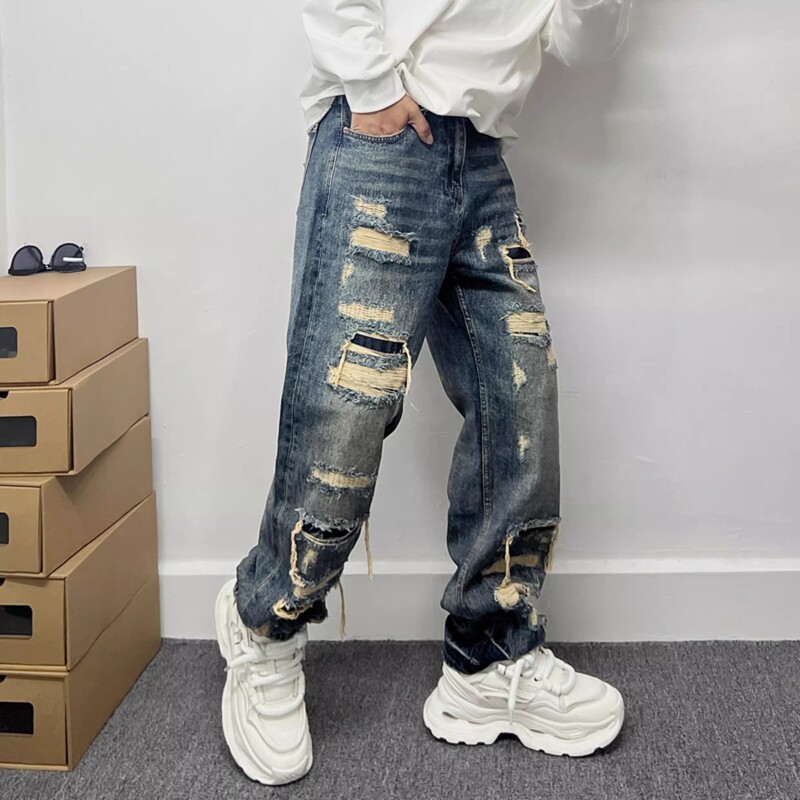 American Casual Cool Ripped Patch Jeans Men's Straight Loose Long Pants Trendy High Street Distressed Pants
