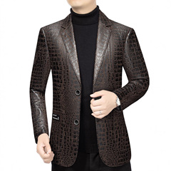 2025年秋冬季新款男士西装皮衣男装仿皮西服印花商务休闲夹克外套