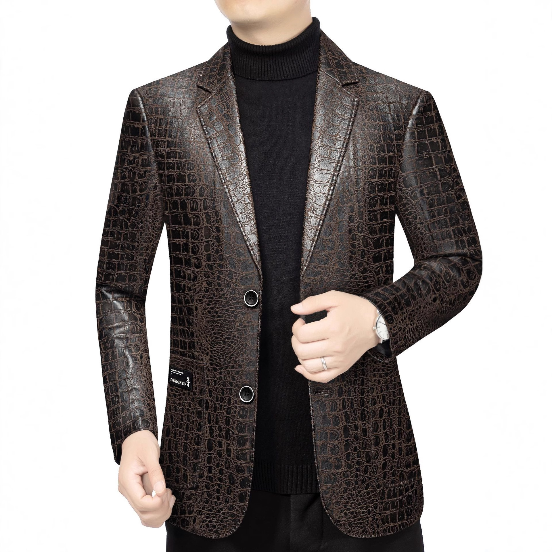 2025年秋冬季新款男士西装皮衣男装仿皮西服印花商务休闲夹克外套