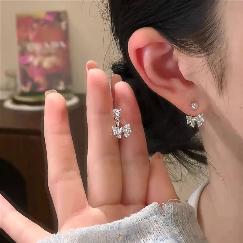 镀银针耳后耳环锆石蝴蝶结挂式耳钉女精致简约甜美百搭高级感耳饰|undefined
