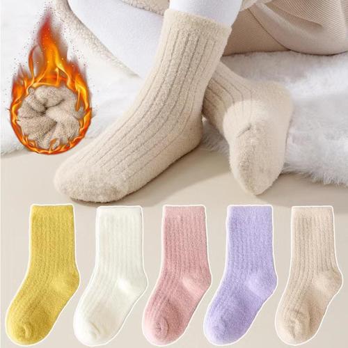 Children's winter warm socks solid color striped mid-calf socks snow socks for boys and girls plush socks mid-calf snow socks