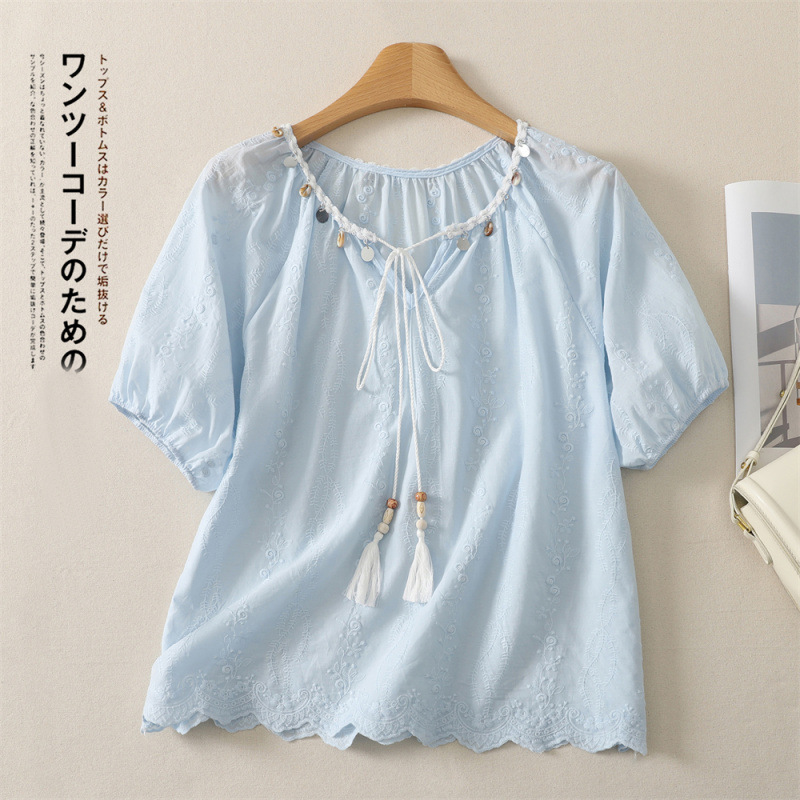 Vacation-style shell tassel tie short-sleeve shirt for women, summer gentle design, loose embroidered top, trendy Vacation-style shell tassel tie short-sleeve shirt for women, summer gentle design, loose embroidered top, trendy