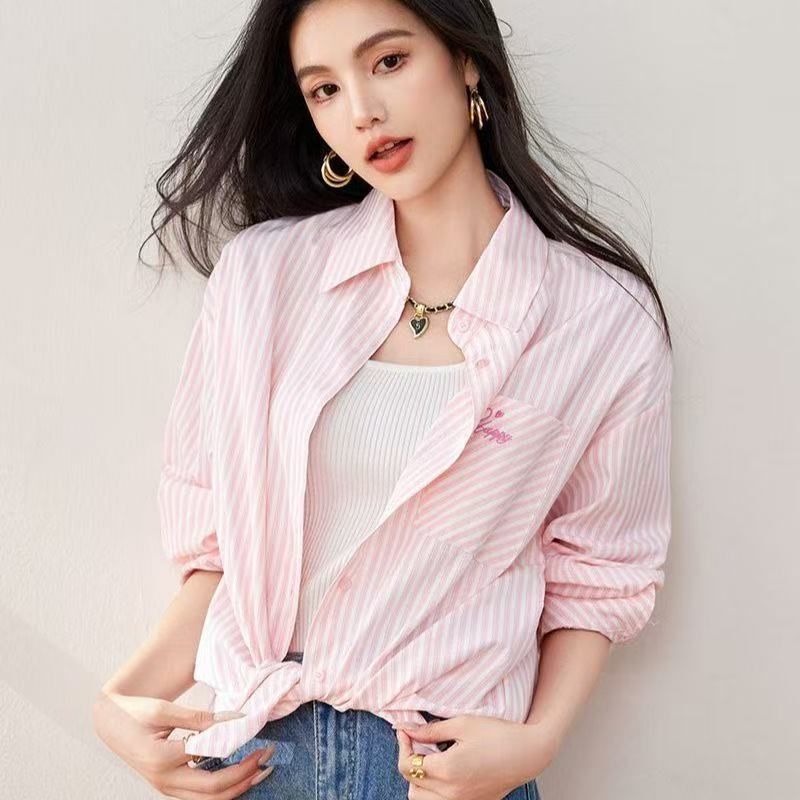 2026 Pink Striped Shirt Jacket Spring and Autumn New Niche Casual Loose Shirt Versatile Cardigan Top Trendy 2026 Pink Striped Shirt Jacket Spring and Autumn New Niche Casual Loose Shirt Versatile Cardigan Top Trendy
