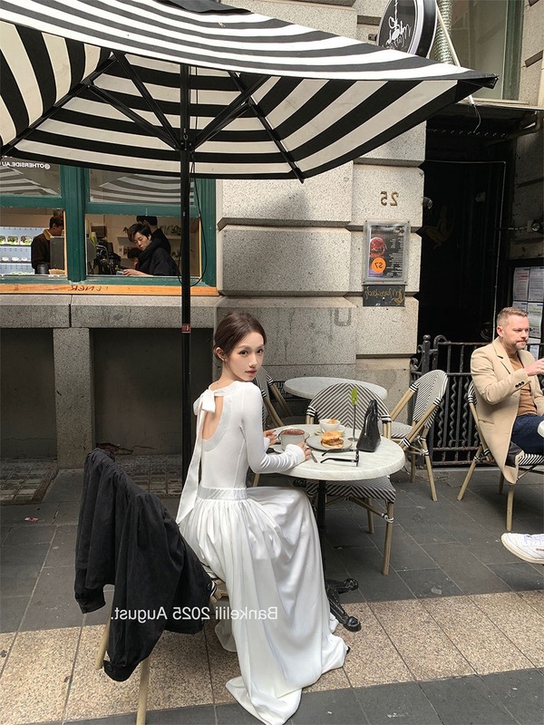 板栗可可'白月光契约'白色连衣裙女秋季长袖打底裙高级感法式长裙|undefined
