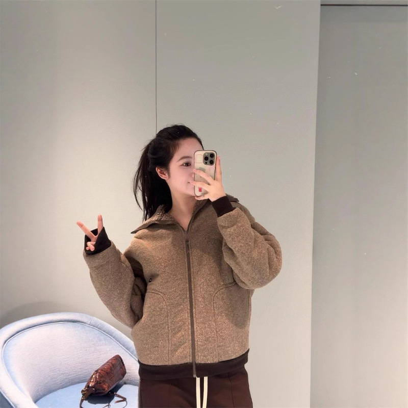 2025秋季新款南油miu复古温柔甜酷感拼接拉链字母翻领长袖外套女|undefined