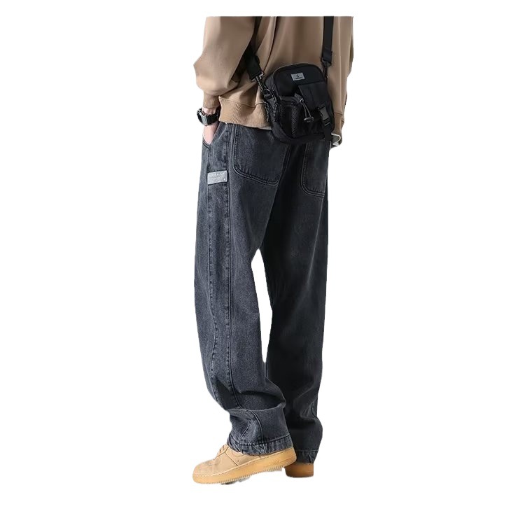 Jeans Men's Spring and Autumn New Arrival Hong Kong Style Trendy Ins Loose plus size Straight Leg Pants Student Fashion Labeling Wide Leg Pants
