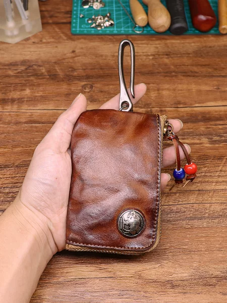 First-layer Vegetable Tanned Leather Key Bag for Women, Handmade Old Washed Cowhide Retro Style Zipper Car Door Key Bag for Men