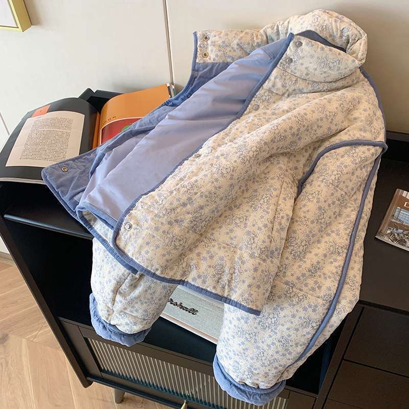 蓝色小碎花灯芯绒拼接棉服外套女2025冬季新款保暖慵懒风韩版上衣|undefined
